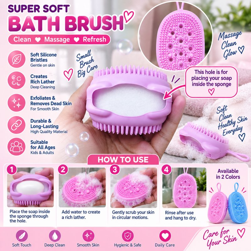 Silicone Body Scrubber Bath Sponge 2-in-1 Exfoliating Body Brush Loofah Shower Scrubber for Women Men & Kids