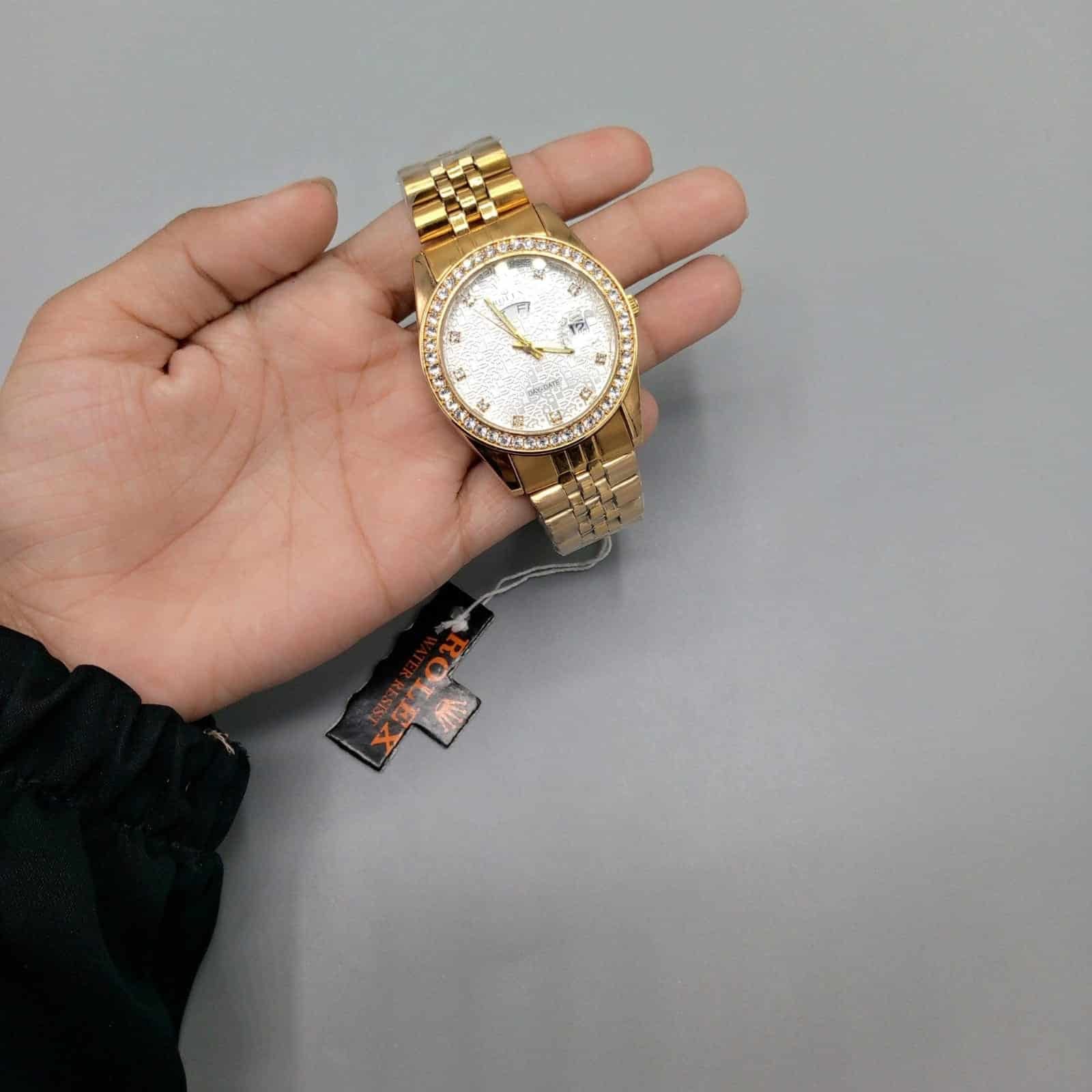 Gold Rolex Watch for Men – Luxury Golden Stainless Steel Designer Wrist Watch with Diamond Style Dial & Premium Bracelet