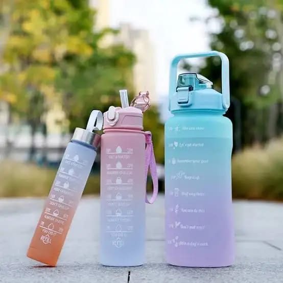 Water Bottle Set 3 Pcs Motivational Gradient Gym Water Bottle Set with Straw & Time Marker