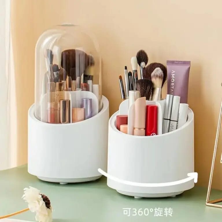 Makeup Brush Holder 360° Rotating Cosmetic Organizer with Transparent Dustproof Lid